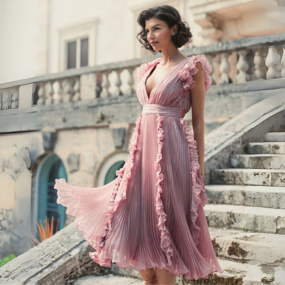 Mac Duggal 49675 Size 2 Rose Pink Pleated Chiffon Ruffle V-Neck Midi Dress‎